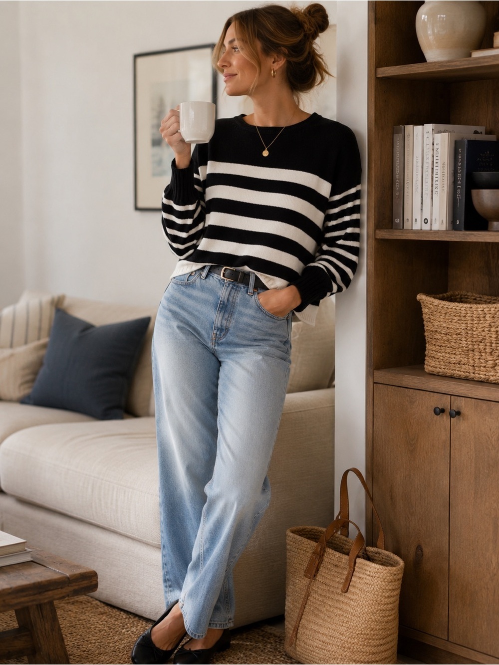 Madewell Conway Stripe Pullover Sweater Black 100% Cotton Balloon Sleeve M